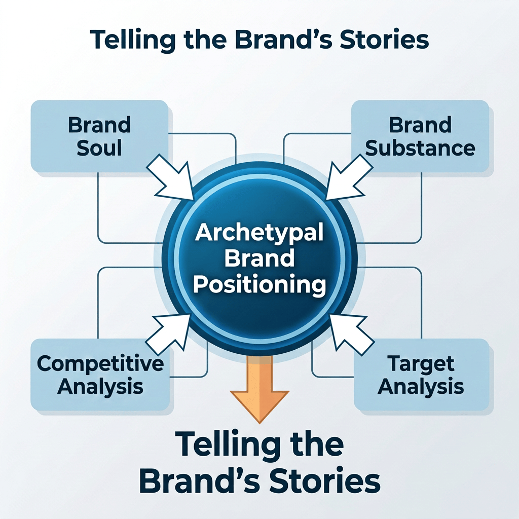 Diagram linking archetypal brand positioning with brand soul, substance, competitive analysis, and target analysis