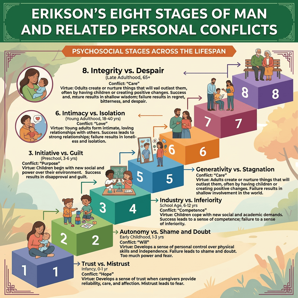 Infographic titled “Erikson’s Eight Stages of Man and Related Personal Conflicts,” showing eight lifespan stages from Trust vs. Mistrust to Integrity vs. Despair.