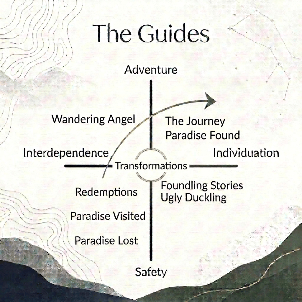 Diagram titled The Guides with axes labeled Adventure, Safety, Interdependence, and Individuation.
