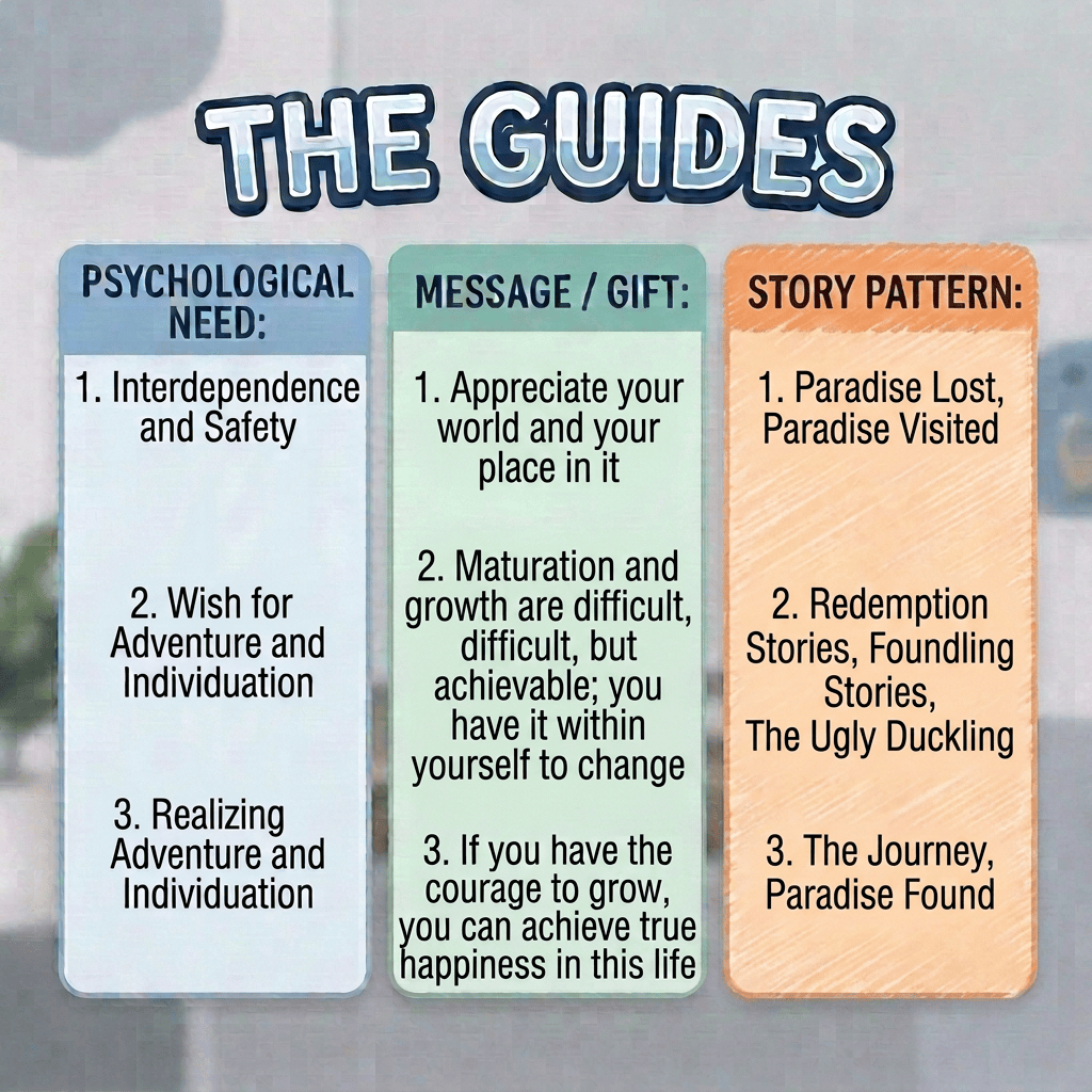 The Guides: Psychological Needs—Belonging, Interlocking leacherships, Autonomy, Competence, Purpose; Message / Gift—Authentic Connection, Shared Values, Uplifting Story, Meaningful Action; Story Pattern—The Call to Adventure, Facing Challenges, Finding Allies, Transformation.