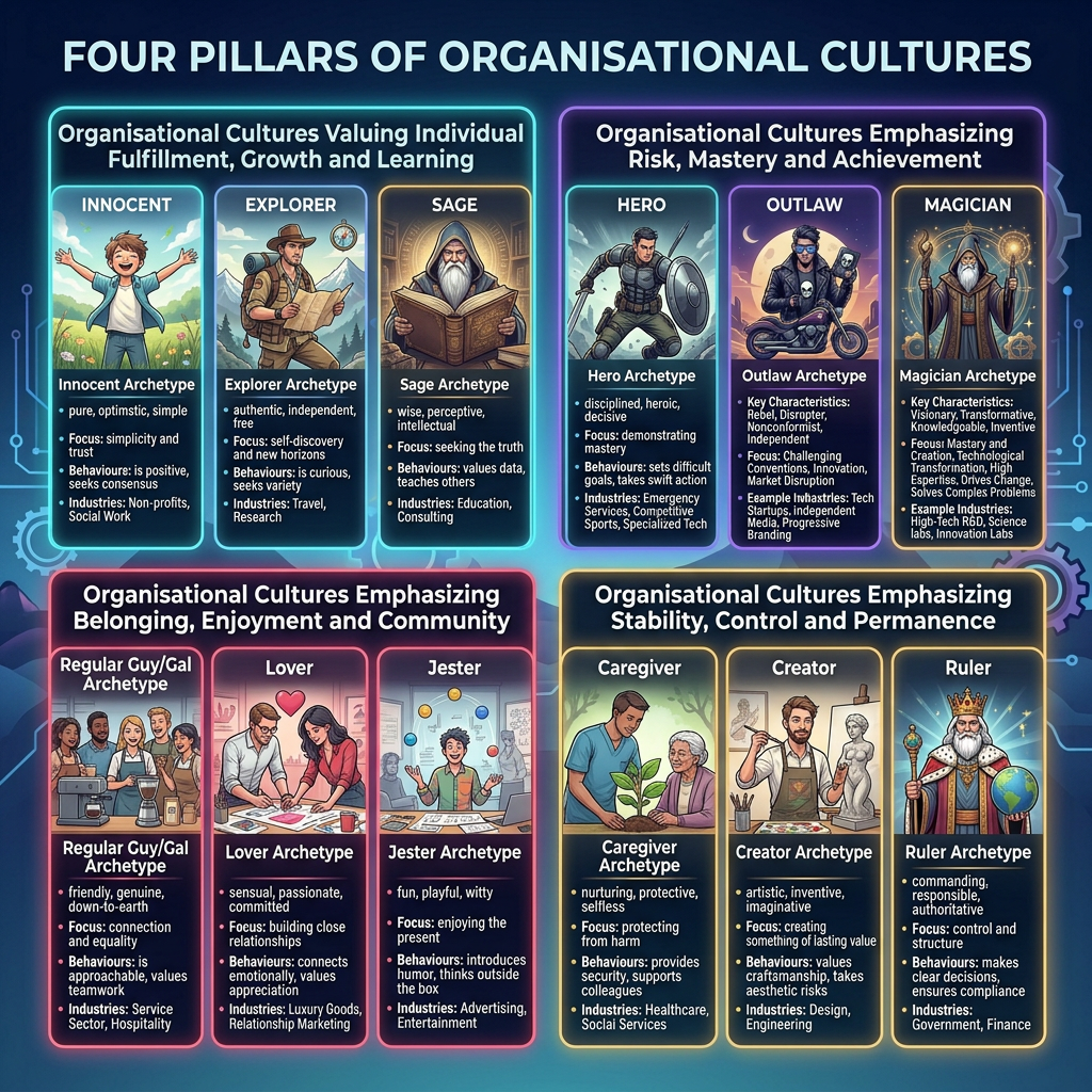Four-block organisational cultures archetype infographic