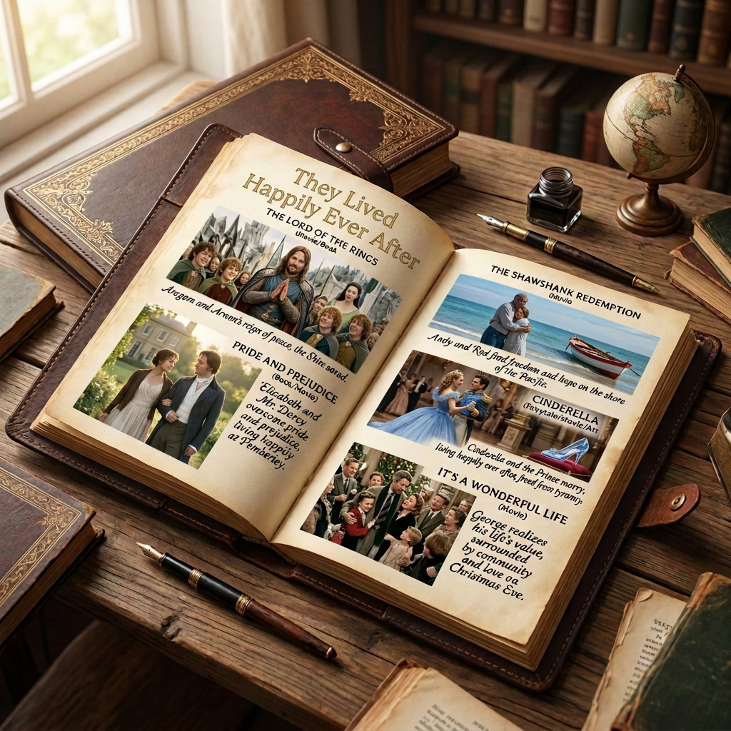 Open book titled Portfolio of Happy Endings featuring The Lord of the Rings, Pride and Prejudice, The Shawshank Redemption, Cinderella, and It's a Wonderful Life.
